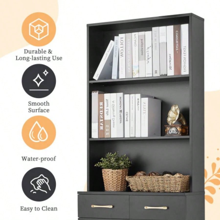 Bathroom Storage Cabinet, Cabinet with Two Doors and Drawers, Adjustable Shelf, Three - layer Open Shelf, MDF Board, Black