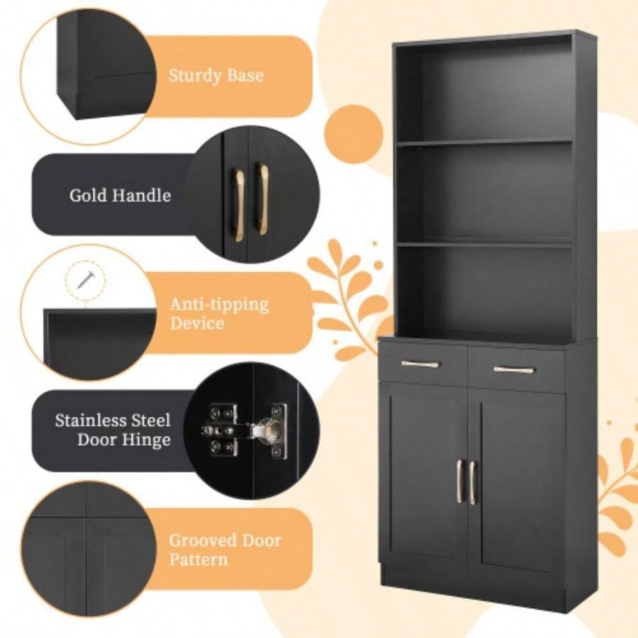 Bathroom Storage Cabinet, Cabinet with Two Doors and Drawers, Adjustable Shelf, Three - layer Open Shelf, MDF Board, Black