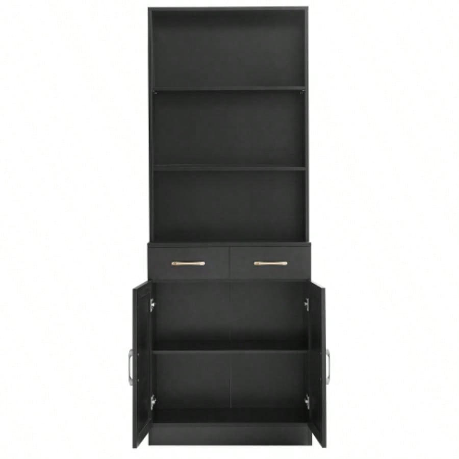 Bathroom Storage Cabinet, Cabinet with Two Doors and Drawers, Adjustable Shelf, Three - layer Open Shelf, MDF Board, Black
