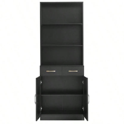 Bathroom Storage Cabinet, Cabinet with Two Doors and Drawers, Adjustable Shelf, Three - layer Open Shelf, MDF Board, Black