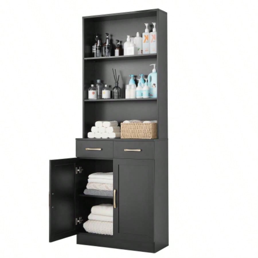 Bathroom Storage Cabinet, Cabinet with Two Doors and Drawers, Adjustable Shelf, Three - layer Open Shelf, MDF Board, Black