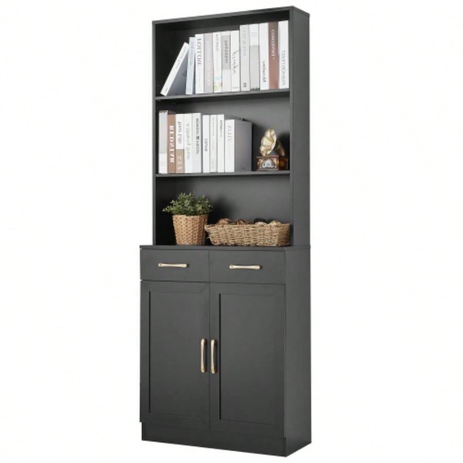 Bathroom Storage Cabinet, Cabinet with Two Doors and Drawers, Adjustable Shelf, Three - layer Open Shelf, MDF Board, Black