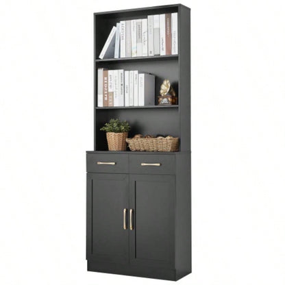 Bathroom Storage Cabinet, Cabinet with Two Doors and Drawers, Adjustable Shelf, Three - layer Open Shelf, MDF Board, Black