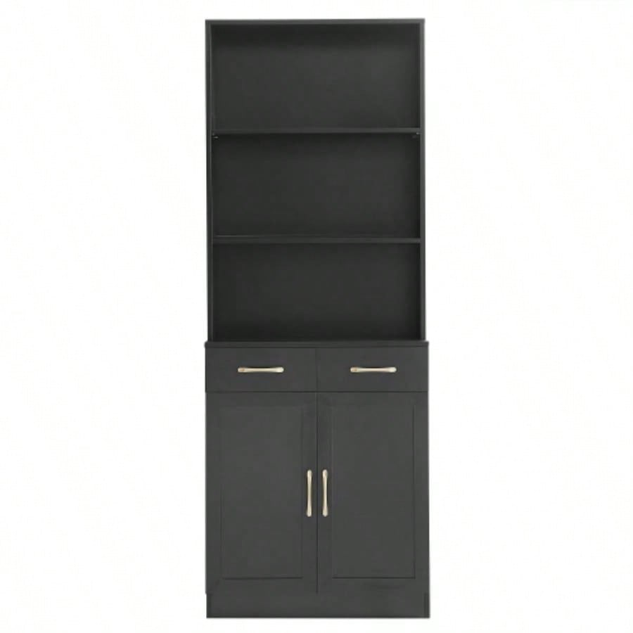 Bathroom Storage Cabinet, Cabinet with Two Doors and Drawers, Adjustable Shelf, Three - layer Open Shelf, MDF Board, Black