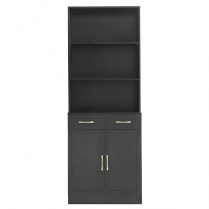 Bathroom Storage Cabinet, Cabinet with Two Doors and Drawers, Adjustable Shelf, Three - layer Open Shelf, MDF Board, Black