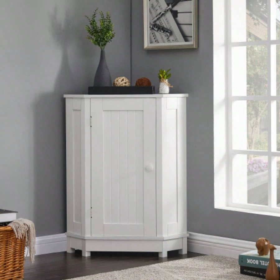 White Bathroom Cabinet Corner Storage Cabinet with Adjustable Shelf Modern Style MDF Board Old SKU: WF291477AAK