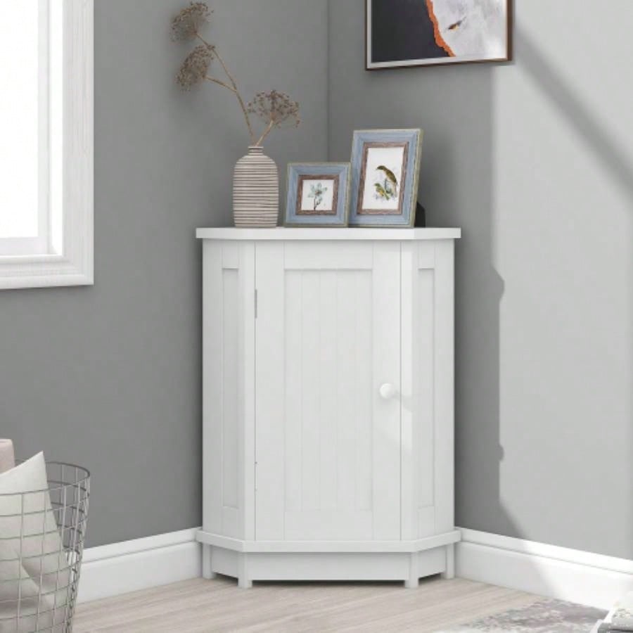 White Bathroom Cabinet Corner Storage Cabinet with Adjustable Shelf Modern Style MDF Board Old SKU: WF291477AAK
