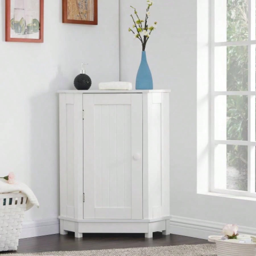 White Bathroom Cabinet Corner Storage Cabinet with Adjustable Shelf Modern Style MDF Board Old SKU: WF291477AAK