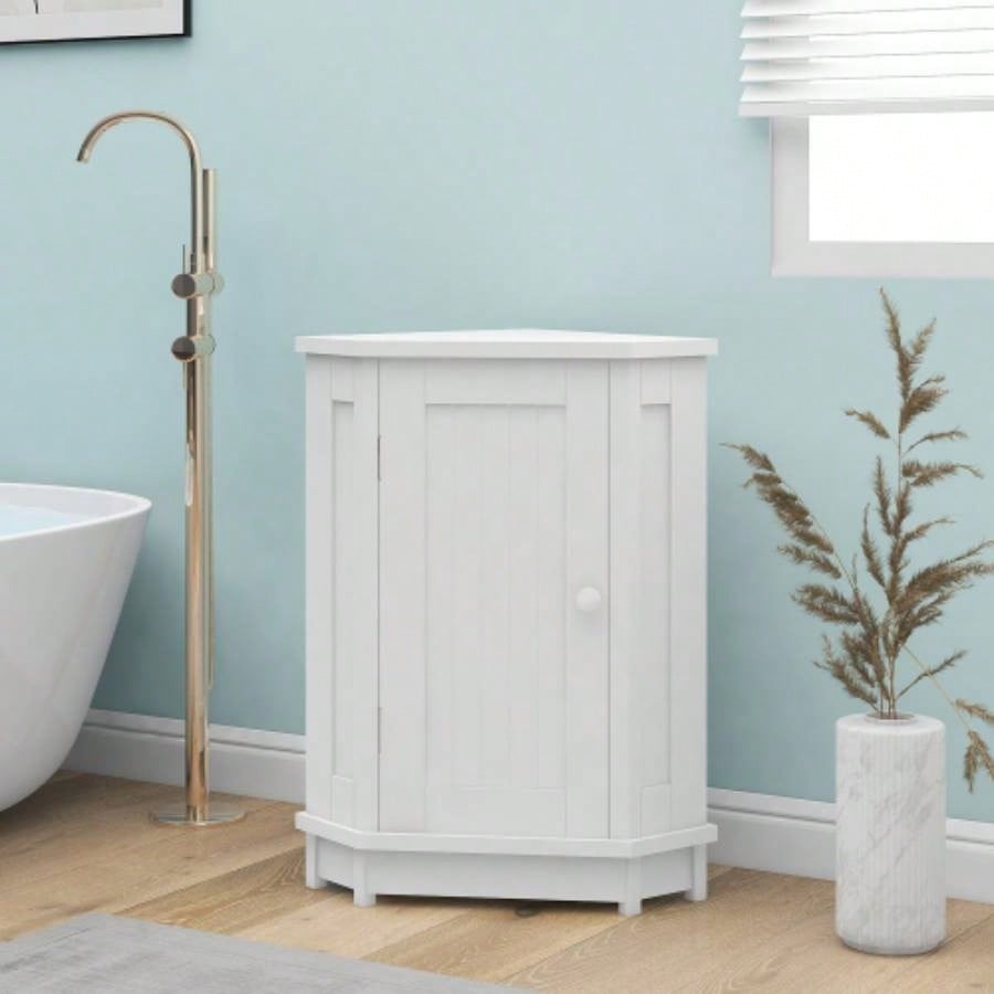 White Bathroom Cabinet Corner Storage Cabinet with Adjustable Shelf Modern Style MDF Board Old SKU: WF291477AAK