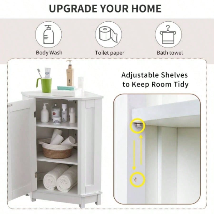 White Bathroom Cabinet Corner Storage Cabinet with Adjustable Shelf Modern Style MDF Board Old SKU: WF291477AAK