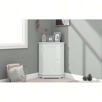 White Bathroom Cabinet Corner Storage Cabinet with Adjustable Shelf Modern Style MDF Board Old SKU: WF291477AAK