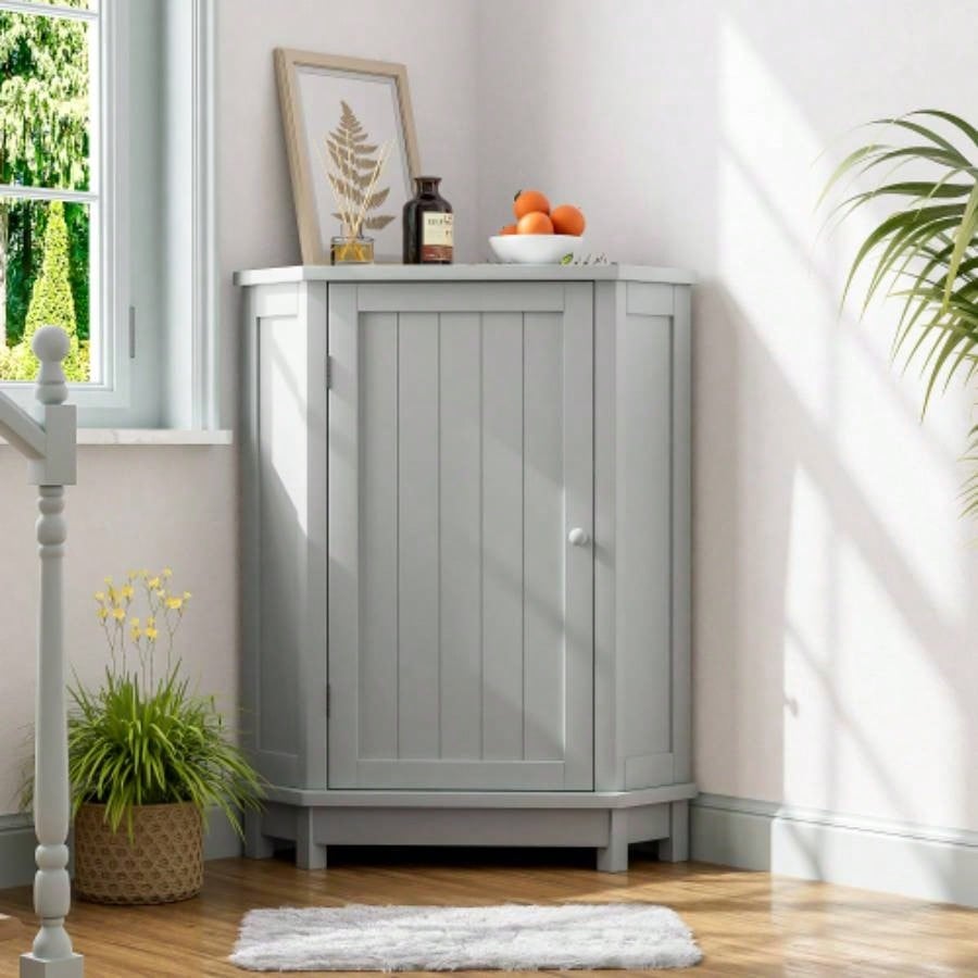 White Bathroom Cabinet Corner Storage Cabinet with Adjustable Shelf Modern Style MDF Board Old SKU: WF291477AAK