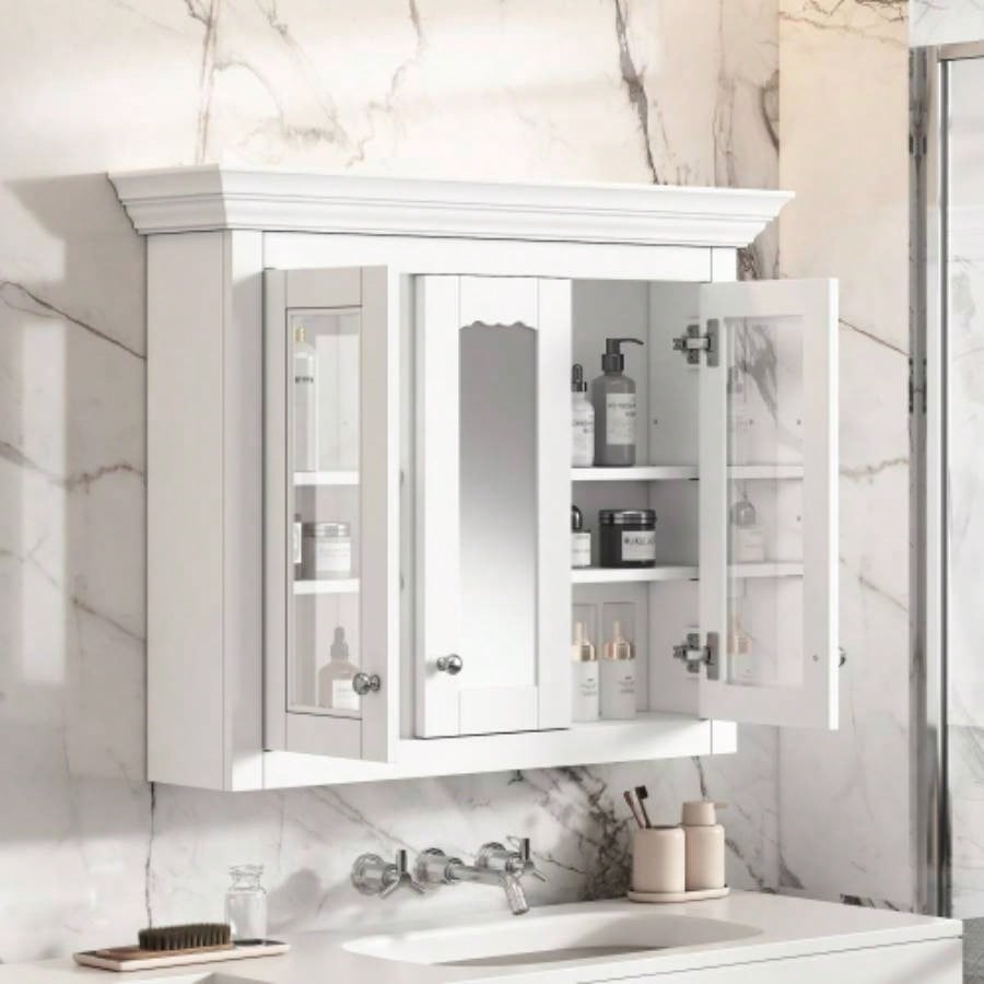 35 Bathroom Medicine Cabinet with Mirror, 5 Closed Adjustable Shelves, Bathroom Wall Mounted Storage Cabinet with Glass Doors