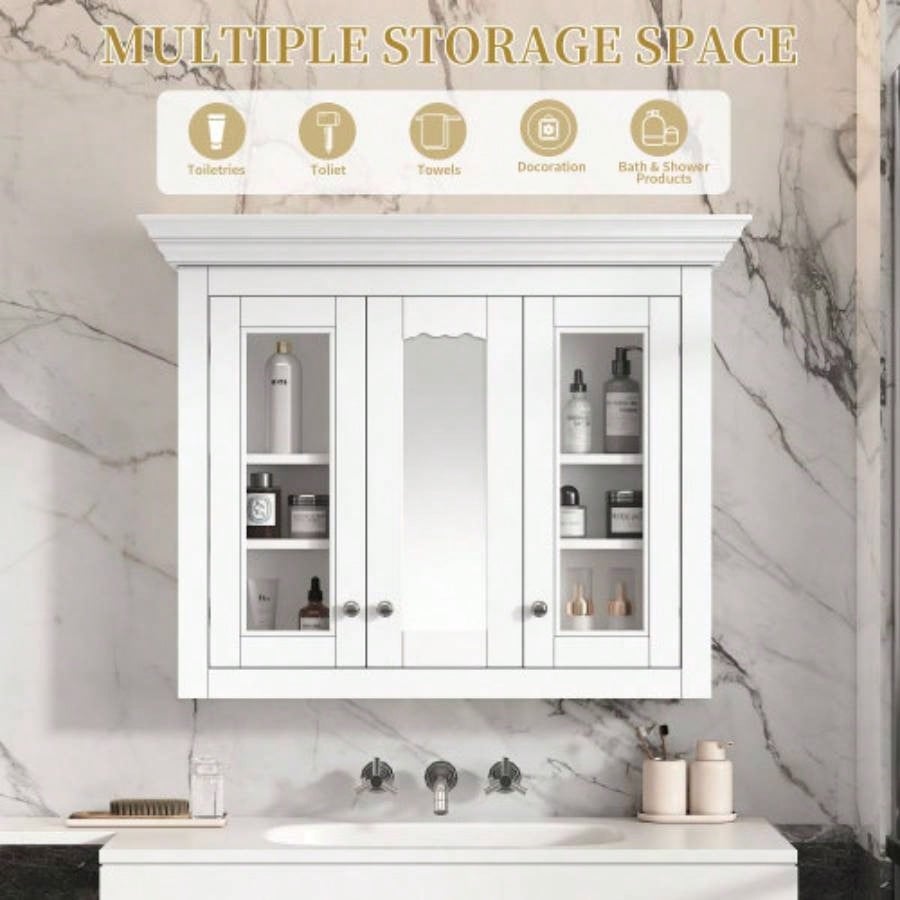 35 Bathroom Medicine Cabinet with Mirror, 5 Closed Adjustable Shelves, Bathroom Wall Mounted Storage Cabinet with Glass Doors