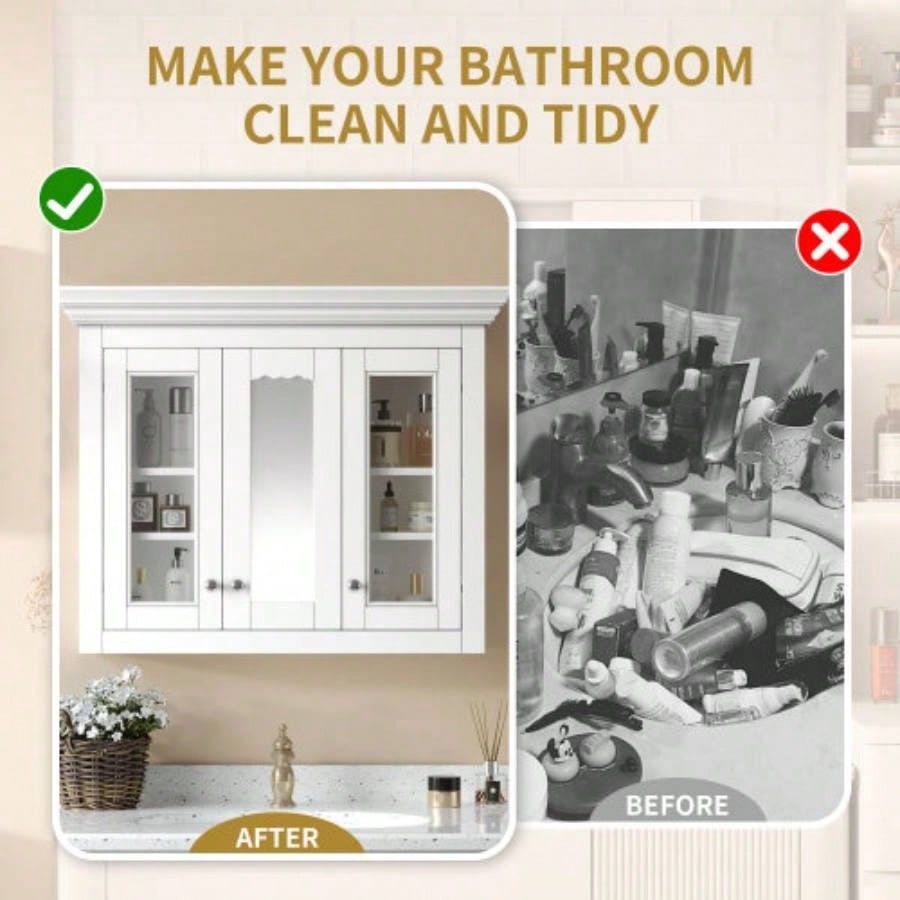 35 Bathroom Medicine Cabinet with Mirror, 5 Closed Adjustable Shelves, Bathroom Wall Mounted Storage Cabinet with Glass Doors