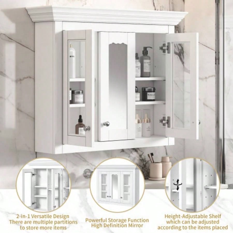 35 Bathroom Medicine Cabinet with Mirror, 5 Closed Adjustable Shelves, Bathroom Wall Mounted Storage Cabinet with Glass Doors
