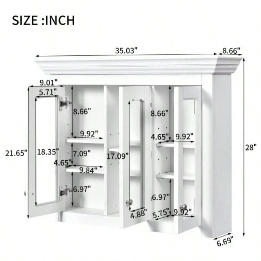 35 Bathroom Medicine Cabinet with Mirror, 5 Closed Adjustable Shelves, Bathroom Wall Mounted Storage Cabinet with Glass Doors