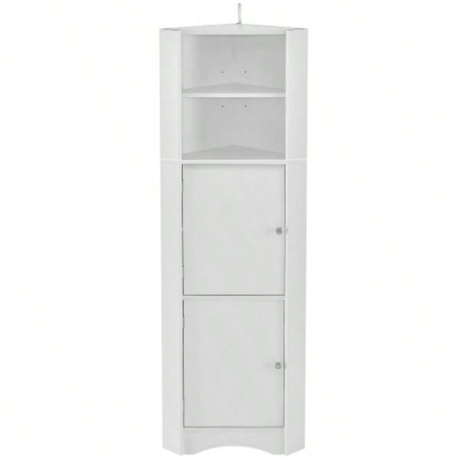 Tall Bathroom Corner Cabinet, Freestanding Storage Cabinet with Doors and Adjustable Shelves, MDF Board, White