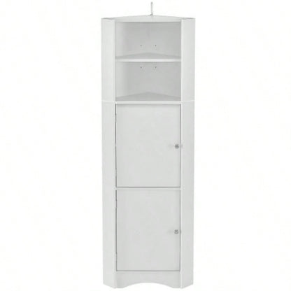 Tall Bathroom Corner Cabinet, Freestanding Storage Cabinet with Doors and Adjustable Shelves, MDF Board, White