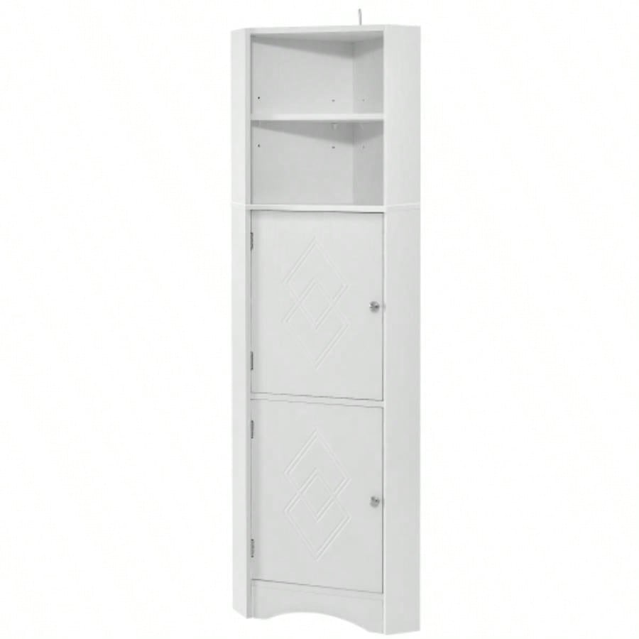 Tall Bathroom Corner Cabinet, Freestanding Storage Cabinet with Doors and Adjustable Shelves, MDF Board, White