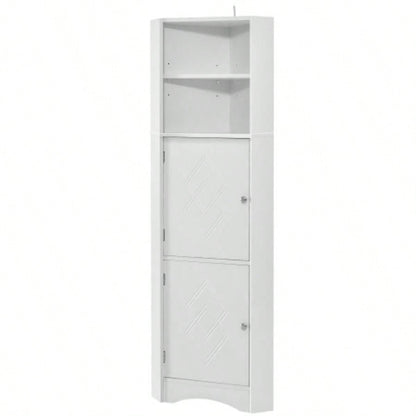 Tall Bathroom Corner Cabinet, Freestanding Storage Cabinet with Doors and Adjustable Shelves, MDF Board, White