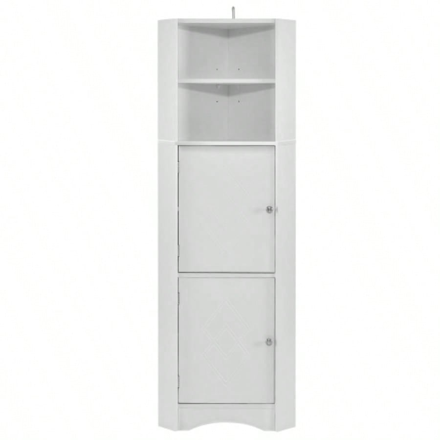Tall Bathroom Corner Cabinet, Freestanding Storage Cabinet with Doors and Adjustable Shelves, MDF Board, White