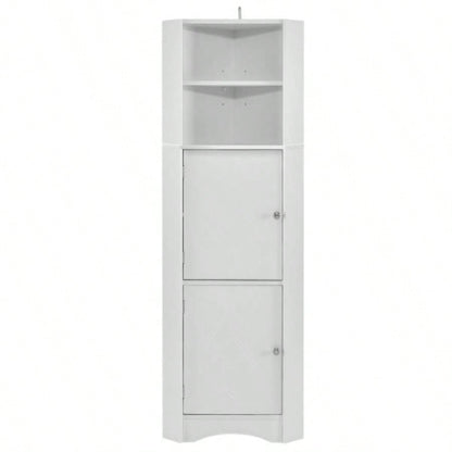 Tall Bathroom Corner Cabinet, Freestanding Storage Cabinet with Doors and Adjustable Shelves, MDF Board, White