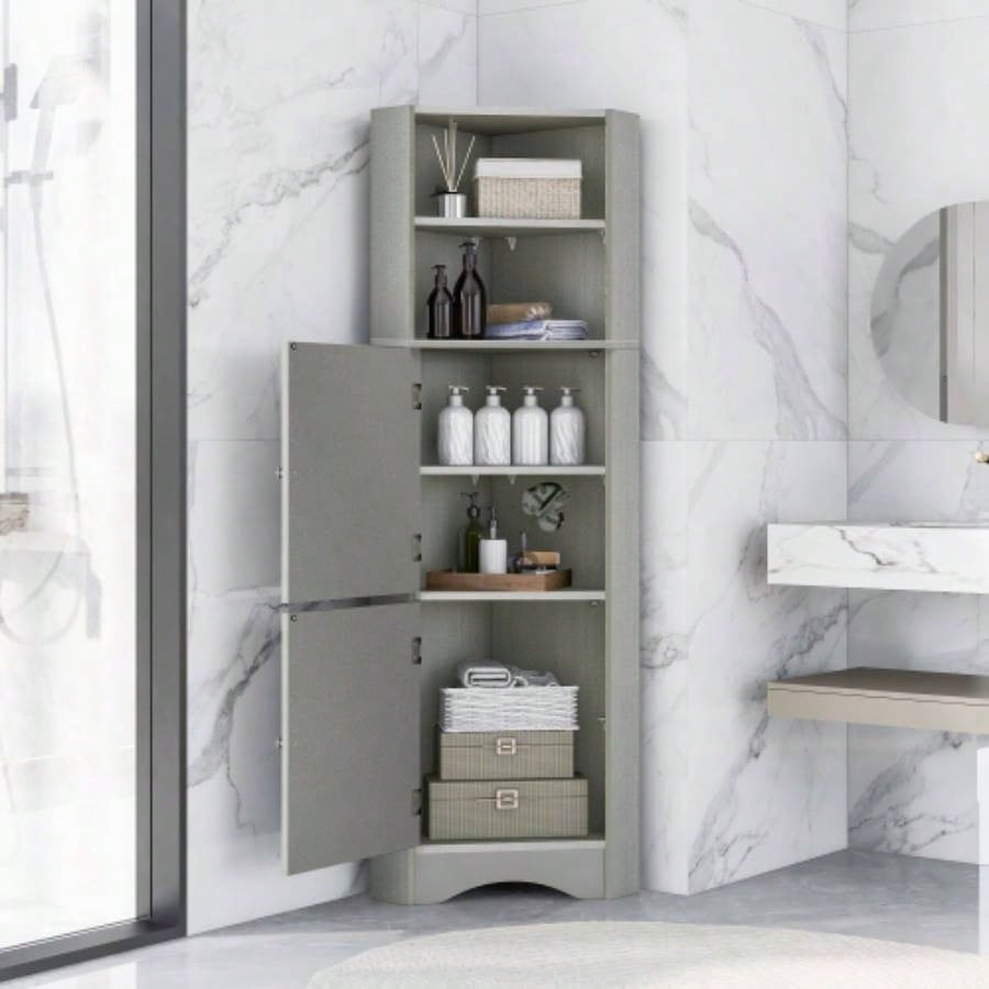 Tall Bathroom Corner Cabinet, Freestanding Storage Cabinet with Doors and Adjustable Shelves, MDF Board, White