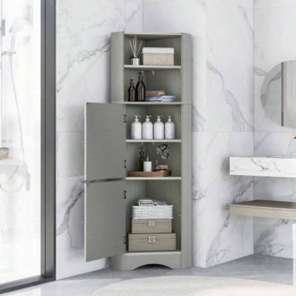 Tall Bathroom Corner Cabinet, Freestanding Storage Cabinet with Doors and Adjustable Shelves, MDF Board, White
