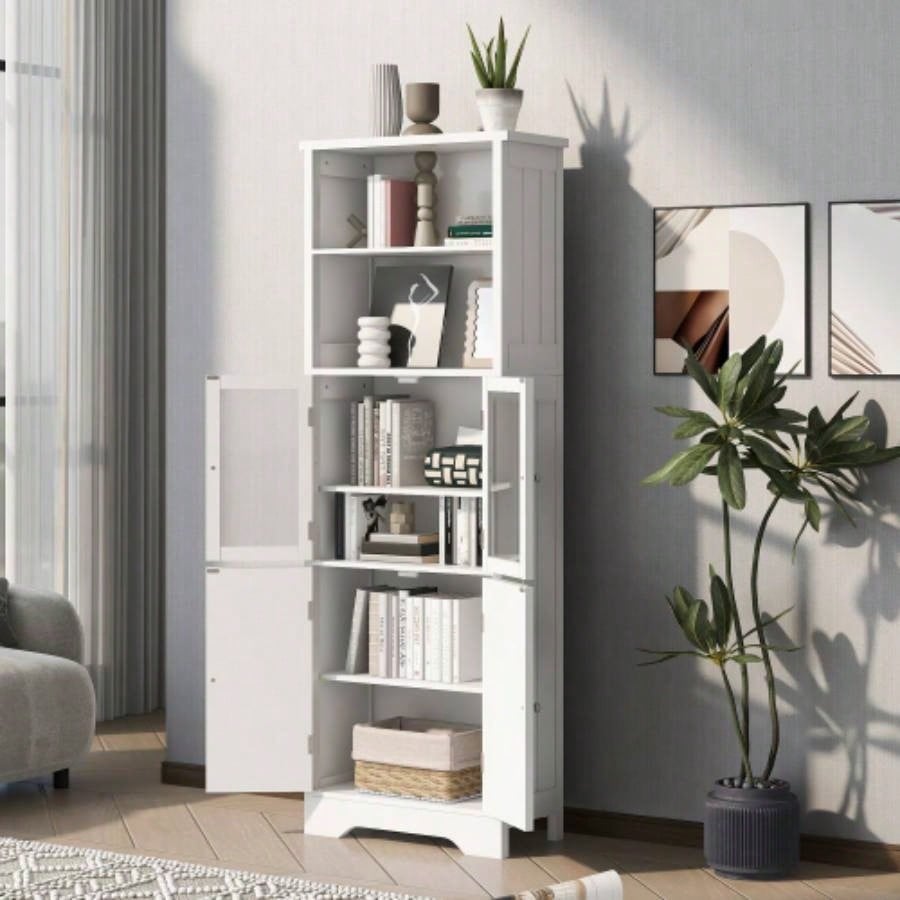 White Tall Storage Cabinet with Shelves and Doors Bathroom, Kitchen and Living Room, MDF Board