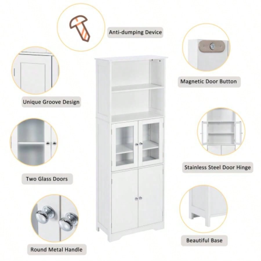 White Tall Storage Cabinet with Shelves and Doors Bathroom, Kitchen and Living Room, MDF Board
