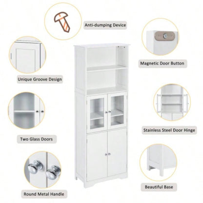 White Tall Storage Cabinet with Shelves and Doors Bathroom, Kitchen and Living Room, MDF Board