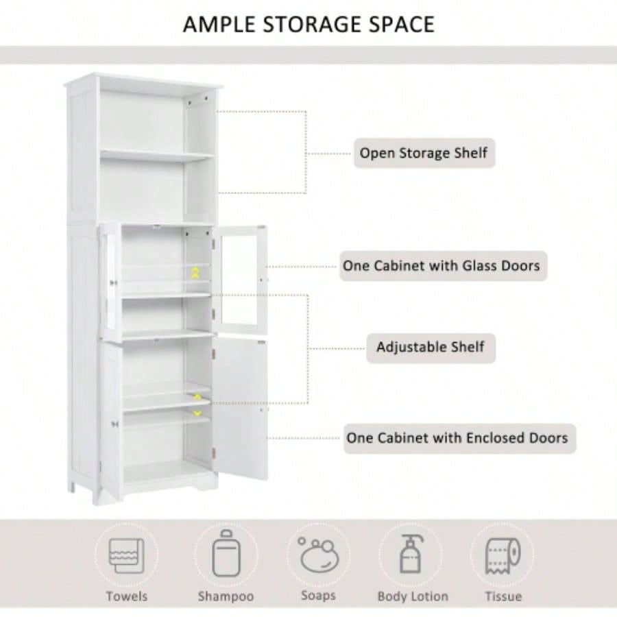 White Tall Storage Cabinet with Shelves and Doors Bathroom, Kitchen and Living Room, MDF Board