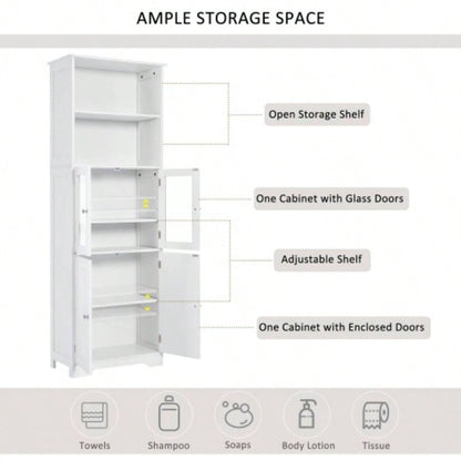 White Tall Storage Cabinet with Shelves and Doors Bathroom, Kitchen and Living Room, MDF Board