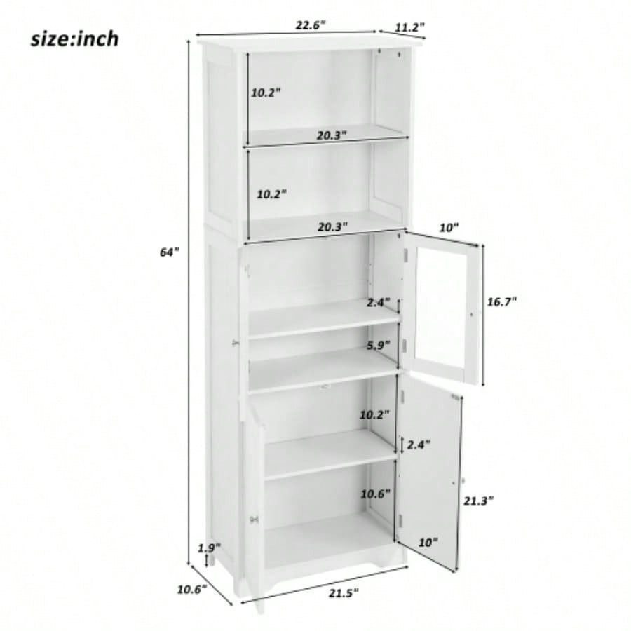 White Tall Storage Cabinet with Shelves and Doors Bathroom, Kitchen and Living Room, MDF Board