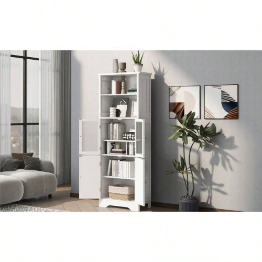White Tall Storage Cabinet with Shelves and Doors Bathroom, Kitchen and Living Room, MDF Board