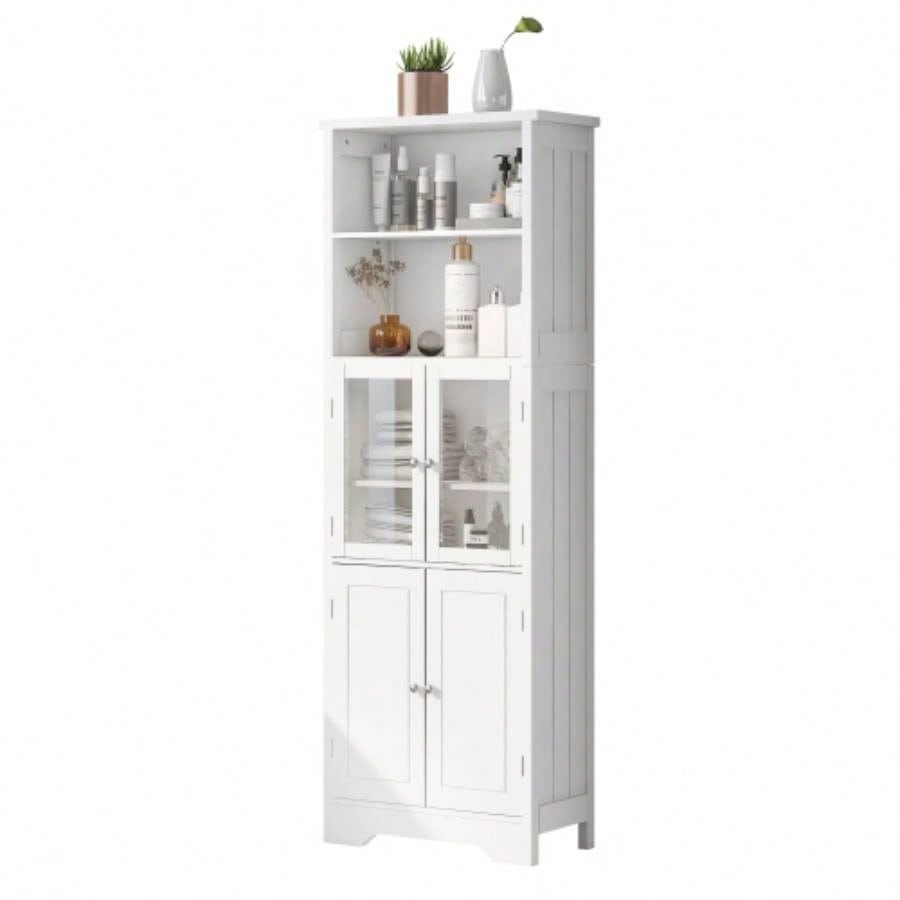 White Tall Storage Cabinet with Shelves and Doors Bathroom, Kitchen and Living Room, MDF Board
