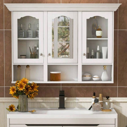 47 Wall Mounted Bathroom Cabinet with Mirror, Cabinet with 3 Adjustable Shelves and 3 Open Compartments Bathroom, Over Toilet Space Saver Storage Cabinet with Glass Doors