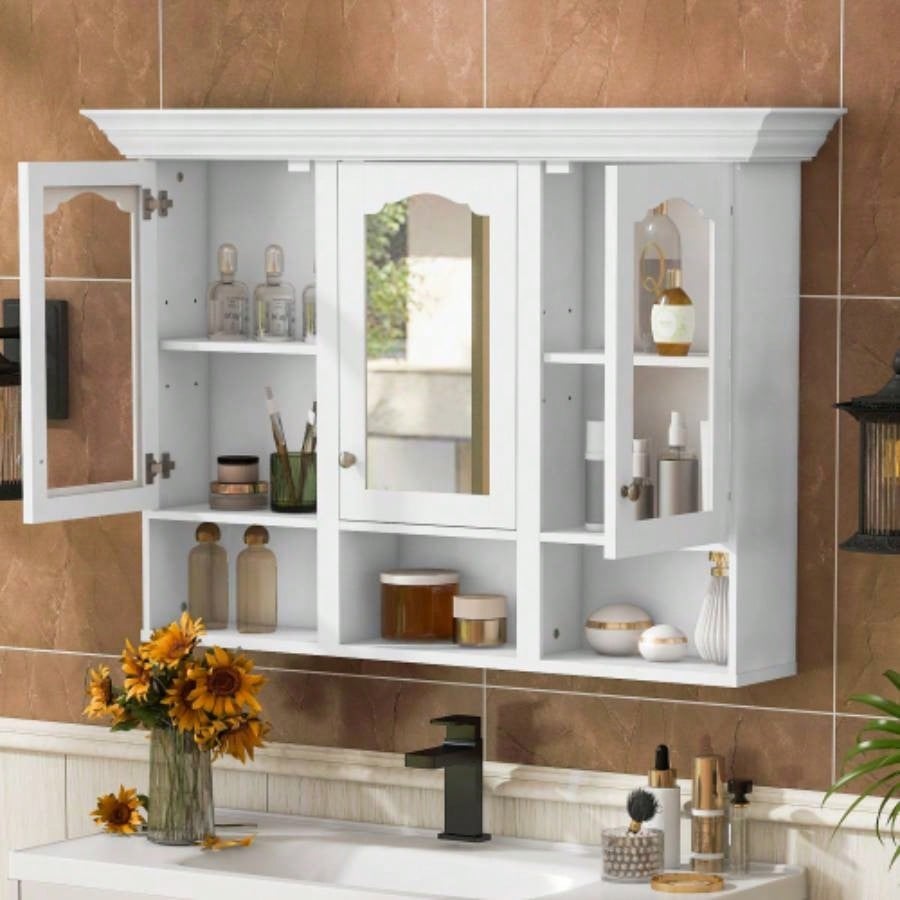 47 Wall Mounted Bathroom Cabinet with Mirror, Cabinet with 3 Adjustable Shelves and 3 Open Compartments Bathroom, Over Toilet Space Saver Storage Cabinet with Glass Doors