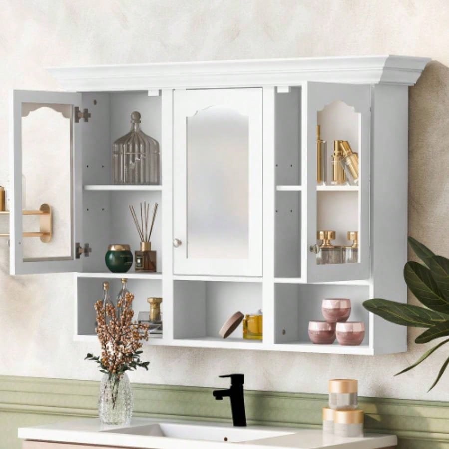 47 Wall Mounted Bathroom Cabinet with Mirror, Cabinet with 3 Adjustable Shelves and 3 Open Compartments Bathroom, Over Toilet Space Saver Storage Cabinet with Glass Doors