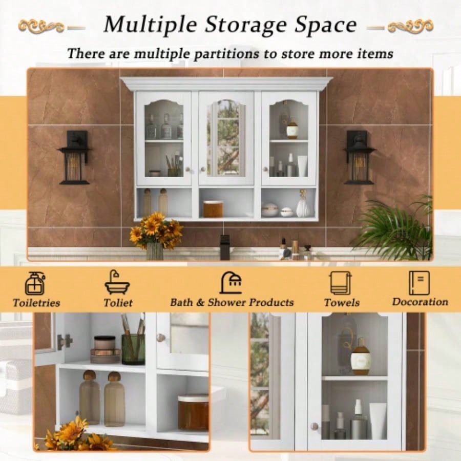 47 Wall Mounted Bathroom Cabinet with Mirror, Cabinet with 3 Adjustable Shelves and 3 Open Compartments Bathroom, Over Toilet Space Saver Storage Cabinet with Glass Doors