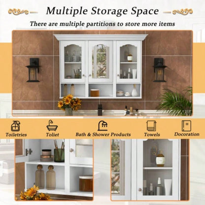 47 Wall Mounted Bathroom Cabinet with Mirror, Cabinet with 3 Adjustable Shelves and 3 Open Compartments Bathroom, Over Toilet Space Saver Storage Cabinet with Glass Doors