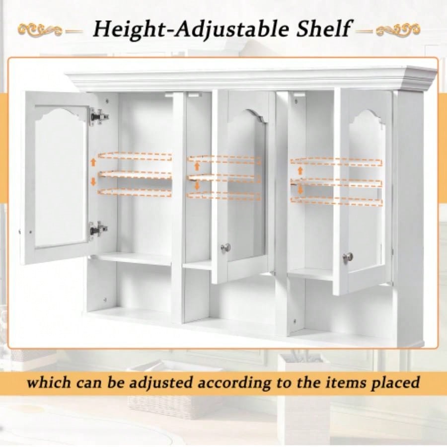 47 Wall Mounted Bathroom Cabinet with Mirror, Cabinet with 3 Adjustable Shelves and 3 Open Compartments Bathroom, Over Toilet Space Saver Storage Cabinet with Glass Doors