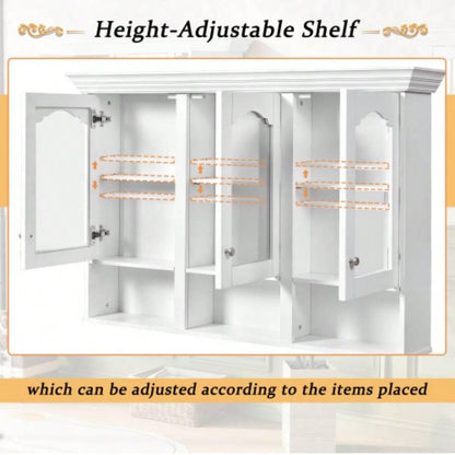 47 Wall Mounted Bathroom Cabinet with Mirror, Cabinet with 3 Adjustable Shelves and 3 Open Compartments Bathroom, Over Toilet Space Saver Storage Cabinet with Glass Doors