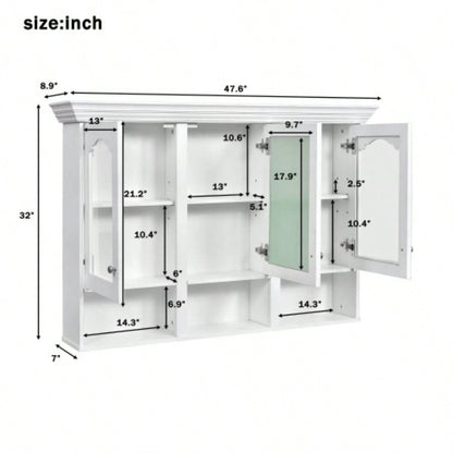 47 Wall Mounted Bathroom Cabinet with Mirror, Cabinet with 3 Adjustable Shelves and 3 Open Compartments Bathroom, Over Toilet Space Saver Storage Cabinet with Glass Doors