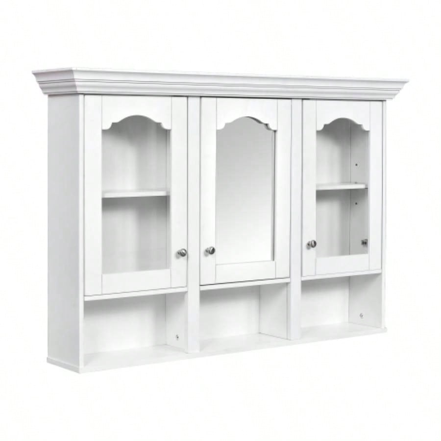 47 Wall Mounted Bathroom Cabinet with Mirror, Cabinet with 3 Adjustable Shelves and 3 Open Compartments Bathroom, Over Toilet Space Saver Storage Cabinet with Glass Doors
