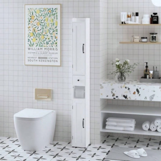 67.51 Tall Bathroom Storage Cabinet with Adjustable Shelves, Slim 2 Doors Freestanding Cabinet with Anti - Tip, Open compartments, Home, Small Spaces, Bathroom, Kitchen, Living Room, White