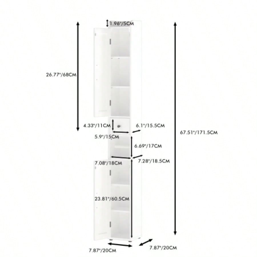 67.51 Tall Bathroom Storage Cabinet with Adjustable Shelves, Slim 2 Doors Freestanding Cabinet with Anti - Tip, Open compartments, Home, Small Spaces, Bathroom, Kitchen, Living Room, White