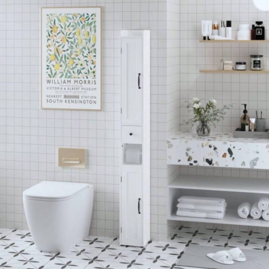 67.51 Tall Bathroom Storage Cabinet with Adjustable Shelves, Slim 2 Doors Freestanding Cabinet with Anti - Tip, Open compartments, Home, Small Spaces, Bathroom, Kitchen, Living Room, White