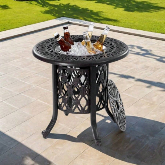 21 Side Table With Removable Bucket - Rustproof Cast Aluminum Frame, Hand - Brushed, Food - Grade 304 Stainless Steel Bucket - Indoor Outdoor, Patio, Balcony, and Poolside